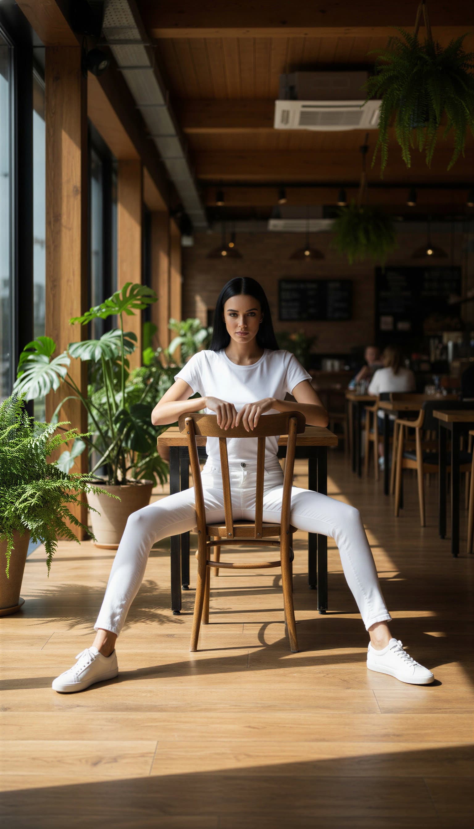 AI-generated fashion photo: model in trendy café environment