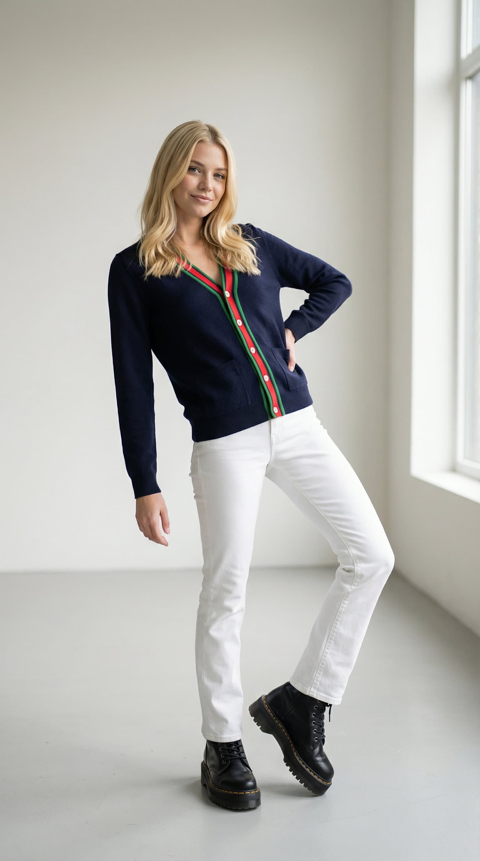 AI-generated fashion photo: model in cream cardigan and leather boots