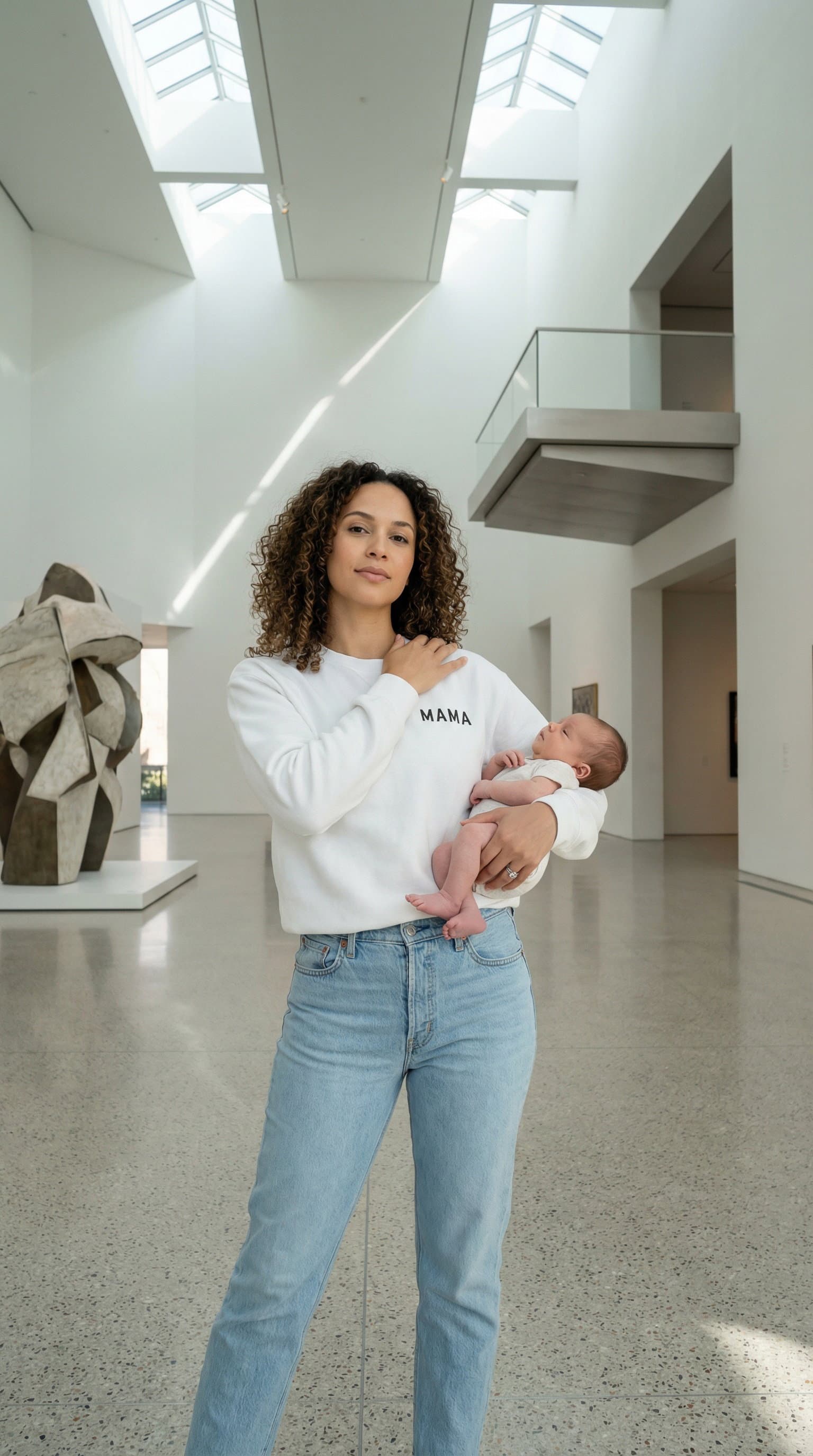 AI-generated fashion photo: model in knit pullover and blue jeans