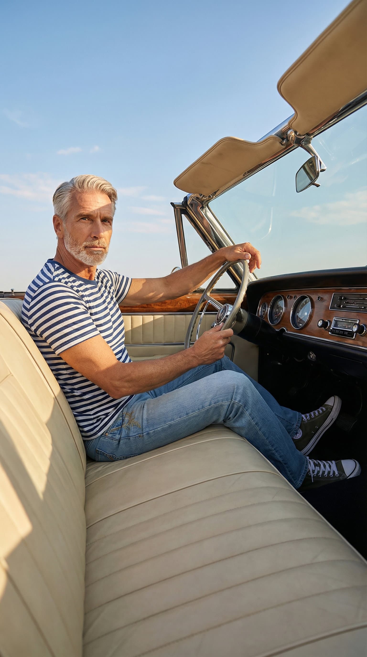 AI-generated fashion photo: model in striped tee on neutral background